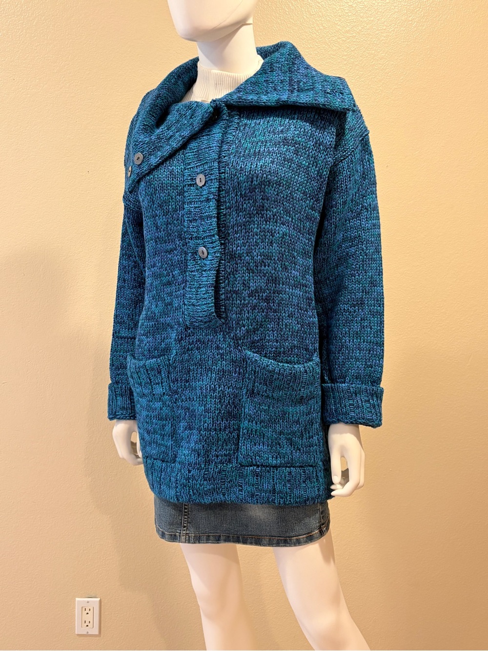 Vintage Joan Vass Knitted Tunic Sweater Size M Blue Green Pockets Acrylic Wool - Picture 12 of 14